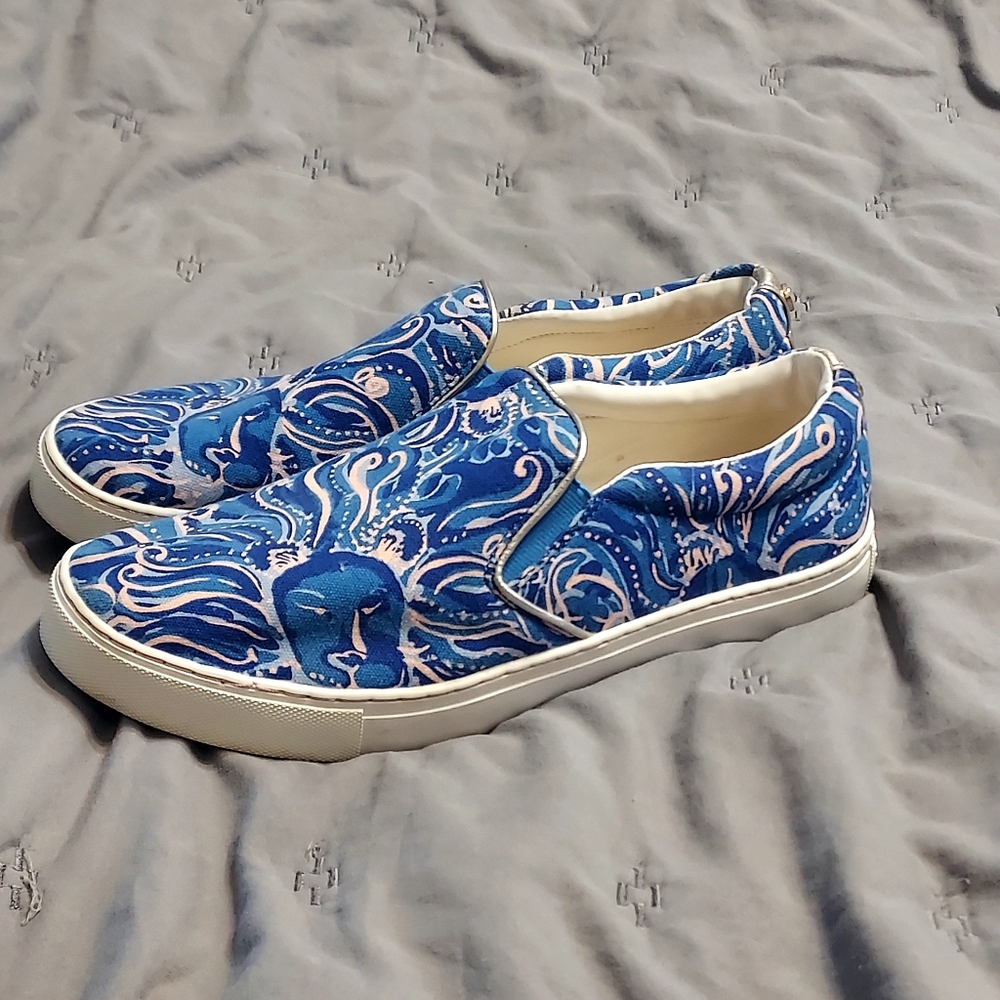 Lilly Pulitzer Julie Slip On Sneakers Whispurr Blue 9 Boho Coastal